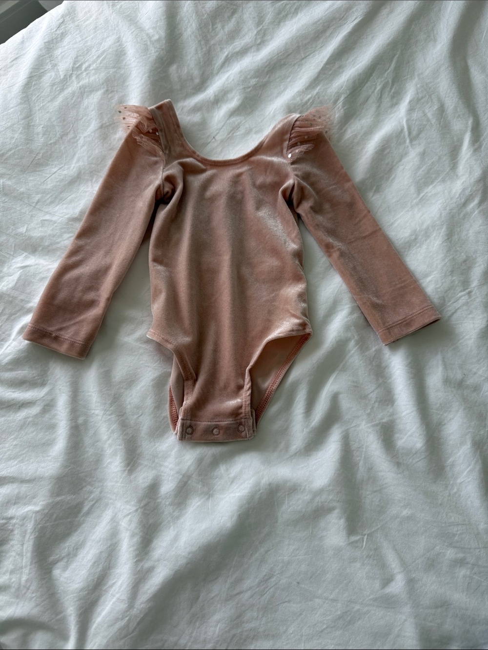 Girls Pink Velvet Long-Sleeve One-Piece Ballet Bodysuit with Tulle Shoulders
